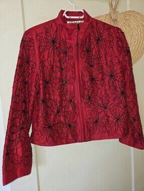 Anage Red Floral Silk Beaded Zip-Up Blazer Jacket